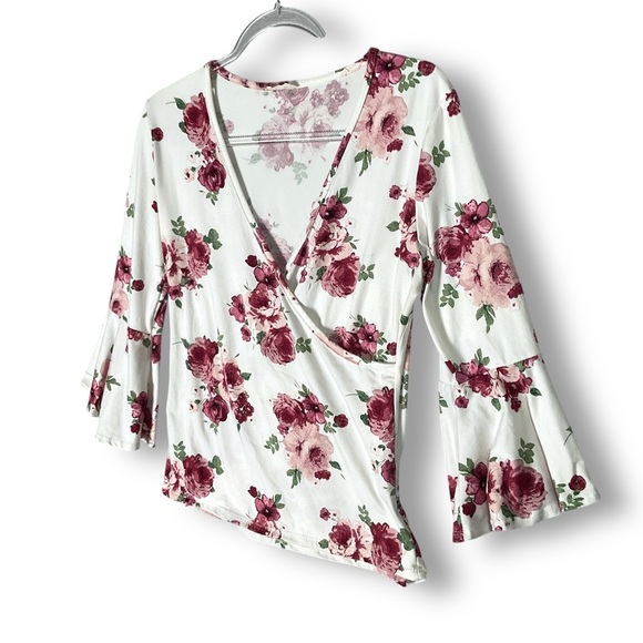 Pinc Floral Wrap Top Sz XL V Neck Long Sleeve Ruffle Peony Y2K 90's Stretch - Picture 7 of 14